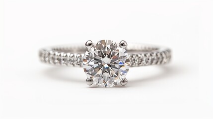 A luxury diamond ring with an elegant band, sparkling against a pristine white background. The macro shot enhances the gemstonea??s brilliance.