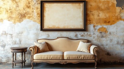 Elegant sofa and painting in front of an aged wall