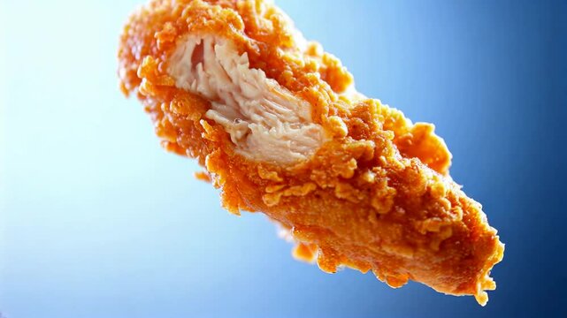 Savory chicken nugget, boasting crispy golden crust and tender juicy meat, hovers in mid air against a soft and serene light blue backdrop