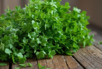Obraz premium Fresh Parsley Leaves on a Wooden Table