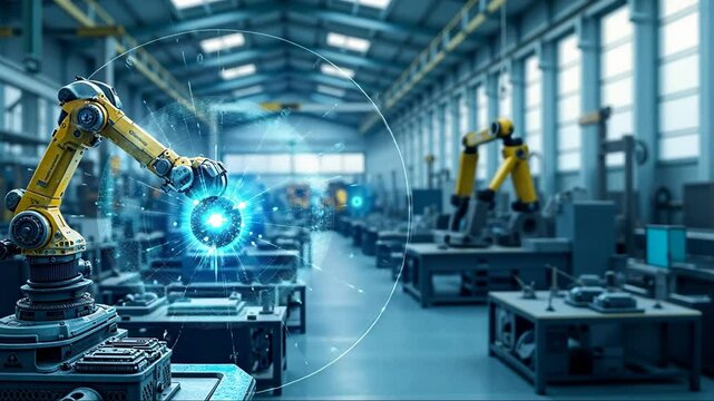 Robot is shown in a factory with a blue light on its head. The robot is surrounded by other robots and machinery. Concept of industrialization and technological advancement
