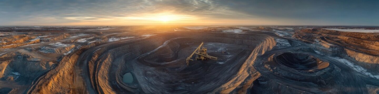 Aerial view of a large open pit mine with excavated earth and surrounding terrain