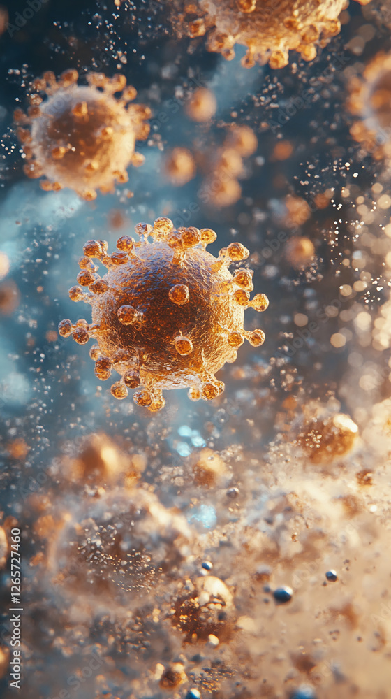 Aufkleber close-up view of a virus cell under a microscope, showcasing its detailed structure and texture, sym