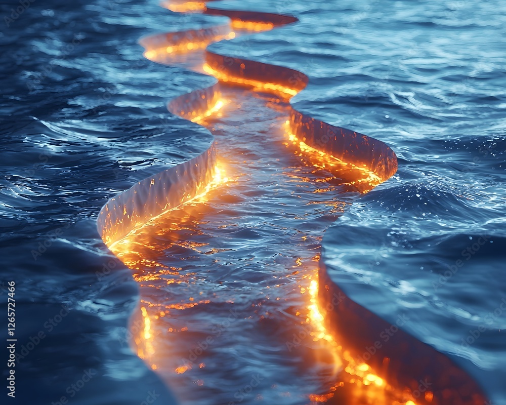 Poster surreal glowing wastewater spiral leading to a clear reservoir with streams of light representing pu