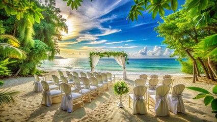 Dreamy Beach Wedding: Elegant White Chairs & Lush Nature - Long Exposure Photography