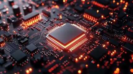 Obraz premium A close-up of a circuit board showcasing a central processing unit illuminated by vibrant orange lights, highlighting its intricate design and technology.