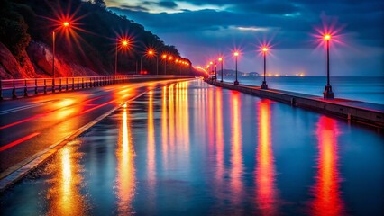 Dreamy Coastal Road at Night: Red Lights Reflecting in Ocean Water