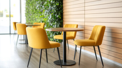 Bright yellow seating surrounding round tables defining contemporary office breakroom with green accent wall, complemented by warm wood paneling