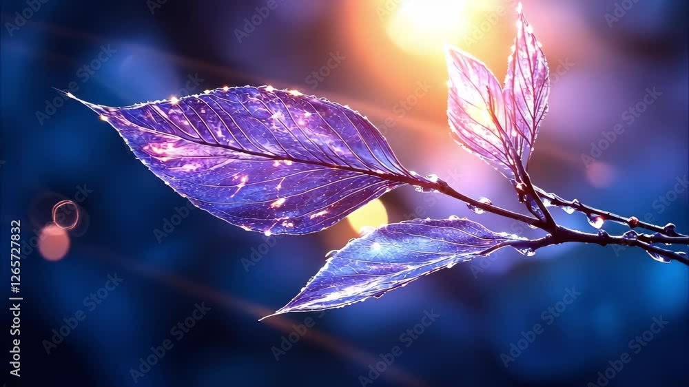 Poster a close-up of vibrant leaves with water droplets, illuminated by soft light, creating an enchanting 