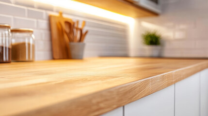 Soft under cabinet lights glowing over rustic wooden countertop, highlighting vintage ceramic jars and kitchen utensils
