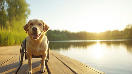 Disabled Labrador retriever sitting peacefully in wheelchair, silhouetted against golden sunset near tranquil lake water