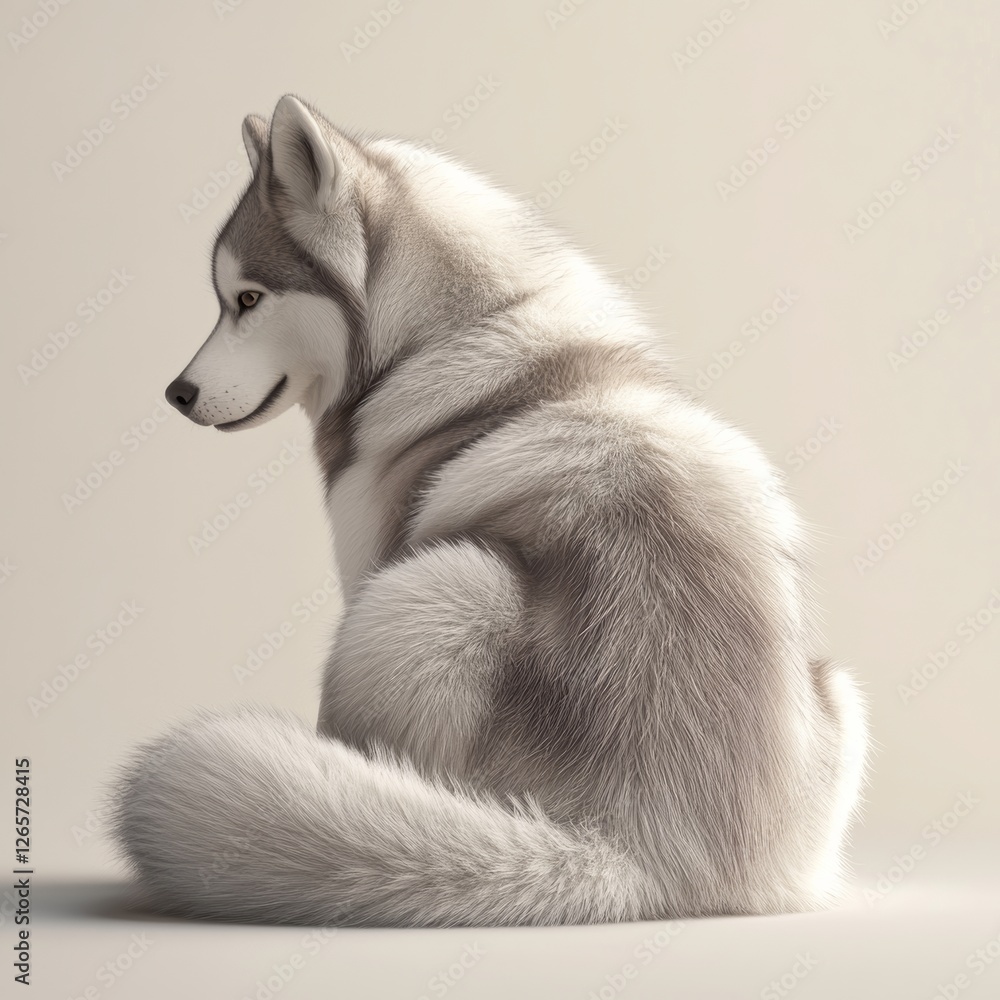 Poster 3d rendering of a siberian husky curling its tail in profile view