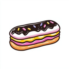 Colorful cream-filled pastry with chocolate icing and sprinkles on a plain background for dessert lovers