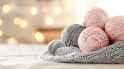 Creative knitting setup featuring soft pink and gray yarn with a cozy atmosphere and warm lighting in a comfortable space