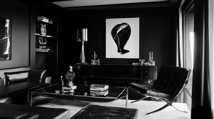 Modern monochromatic living room showcasing elegant furniture and artistic decor