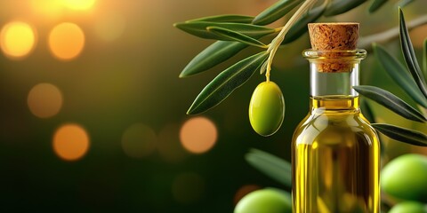Glass bottle of olive oil near branch with green olive, with copy space