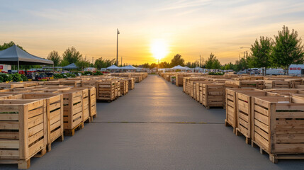 Obraz premium Wooden crates lining pallets, casting long shadows at sunset during empty farmer's market, minimalist rural stillness