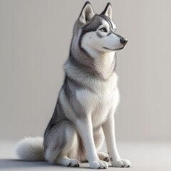 3D Rendering of a Calm Siberian Husky Sitting in a Neutral Space