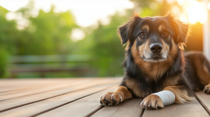 Injured dog with a bandaged paw rests on a wooden porch, enjoying the warm sunlight and blurred garden view