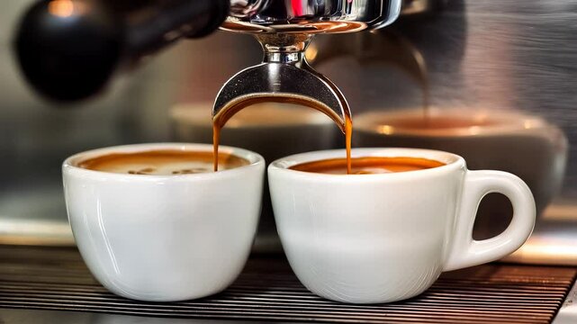 Two white ceramic cups are filled with a delicious coffee cream, which is percolated by a professional stainless steel bar espresso machine, the camera rotates slightly