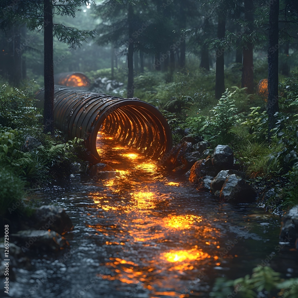 Poster glowing pipeline transporting wastewater surrounded by regenerating nature symbolizing environmental