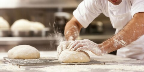 Fototapeta premium Baking fresh bread dough artisan bakery culinary process kitchen environment close-up view craftsmanship and tradition