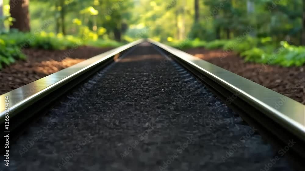 Poster a close-up view of railroad tracks running through a lush, green forest, with sunlight filtering thr