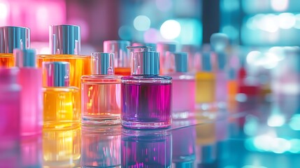 Scattered beauty products on a polished glass table, reflecting vibrant colors, camera-captured realism. 