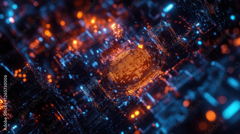 Poster abstract futuristic circuit board design with glowing lights and data flow