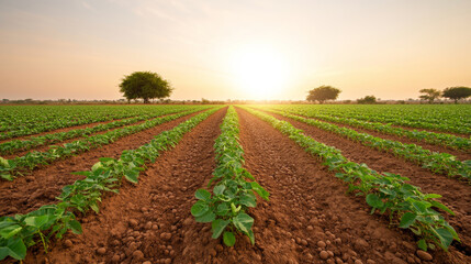 Groundnut crops thriving in neat rows across rich red soil, basking in the warm glow of a stunning African sunset