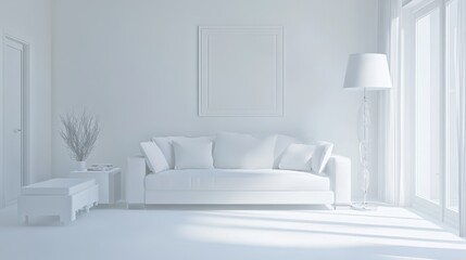 Minimalist all white living room illuminated by natural sunlight
