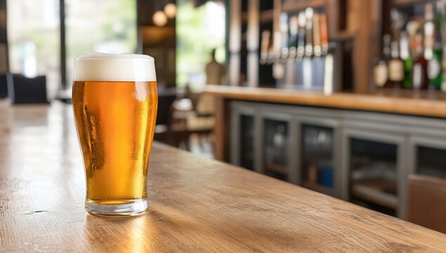 Refreshing glass of beer on wooden bar counter in bustling pub interior