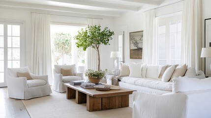 Bright airy living room features white furniture and natural elements