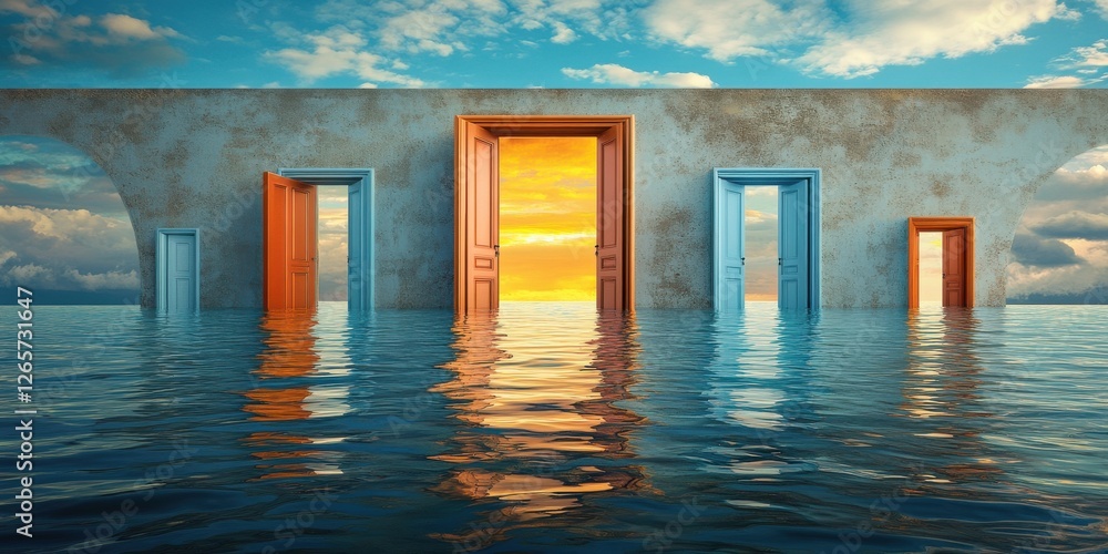 Poster Enhancing cognitive flow by stepping through doors to parallel productivity states showing endless doors opening into different workspaces