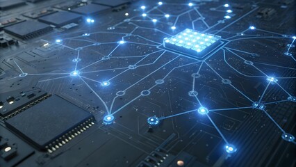 Futuristic AI network with glowing blue neural connections