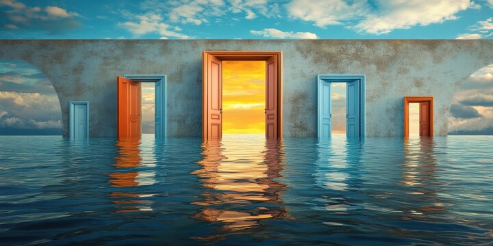 Enhancing cognitive flow by stepping through doors to parallel productivity states showing endless doors opening into different workspaces