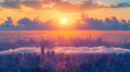 Fototapeta premium Sunrise over city skyline, fog, cloudscape; urban landscape, aerial view, for websites or calendars