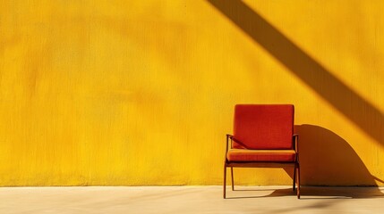 Orange chair positioned against bright yellow wall with linear shadow