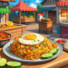 Indonesian street food nasi Goreng (Fried Rice) 