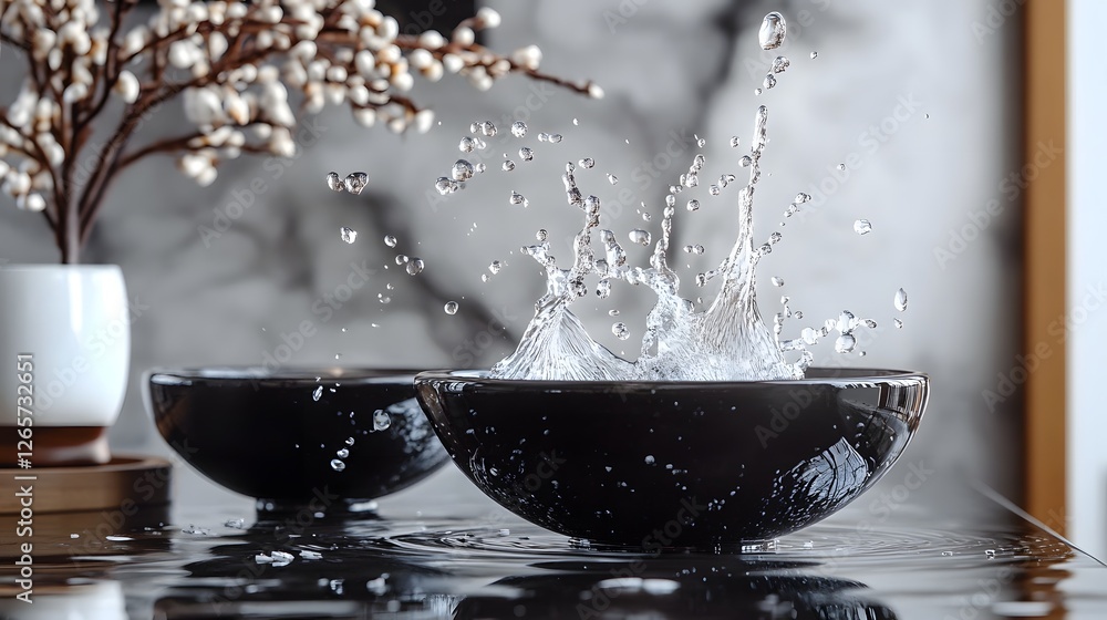 Fototapete close up of splashing water creating dynamic ripples and reflections in sleek modern ceramic bowls p