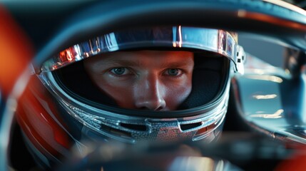 Fototapeta premium A man in a racing helmet is looking at the camera