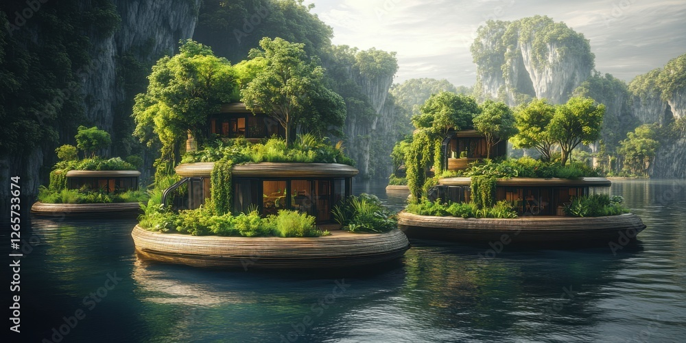 Poster sea level rise forcing communities to build sustainable floating settlements showing futuristic floa