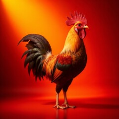 Rooster standing proudly with vibrant colors on red background