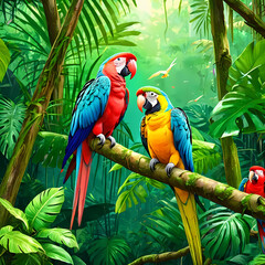 Illustration of a tropical rainforest with parrots