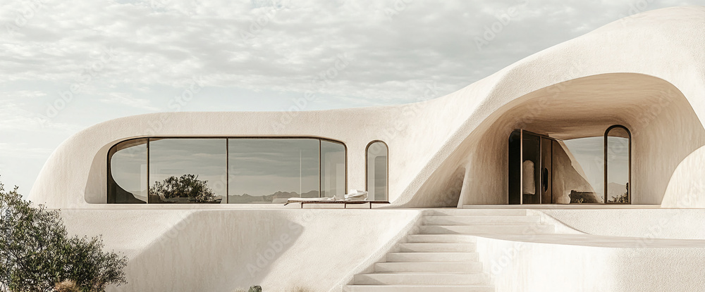 Poster a modern and futuristic home with smooth, curved architecture seamlessly integrated into a desert la