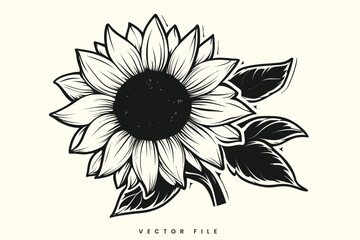 Fototapeta premium Black and White Sunflower Floral Vector Illustration with Petals and Leaves, Featuring a Decorative Spring and Summer Design