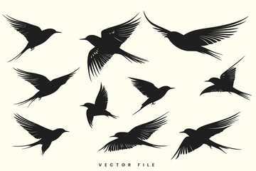 Obraz premium A Set of Black Silhouettes of Flying Birds in Various Poses, Representing Different Species Like Doves, Pigeons, Eagles, and Hawks, Designed as A Nature-Inspired Illustration