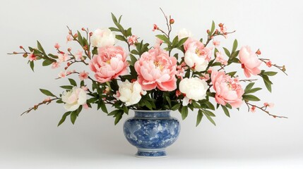 Beautiful arrangement of pink and white flowers in a decorative blue vase on white background.