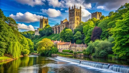 Obraz premium Durham Cathedral & Weir: Majestic Summer Scene - England's Iconic Landmark