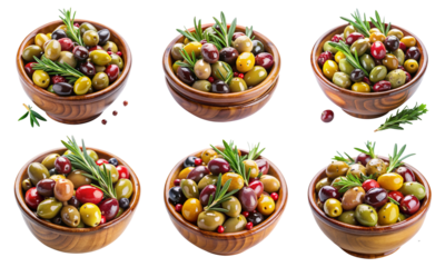 Assorted olives in bowls garnished with fresh rosemary and spices for Mediterranean cuisine